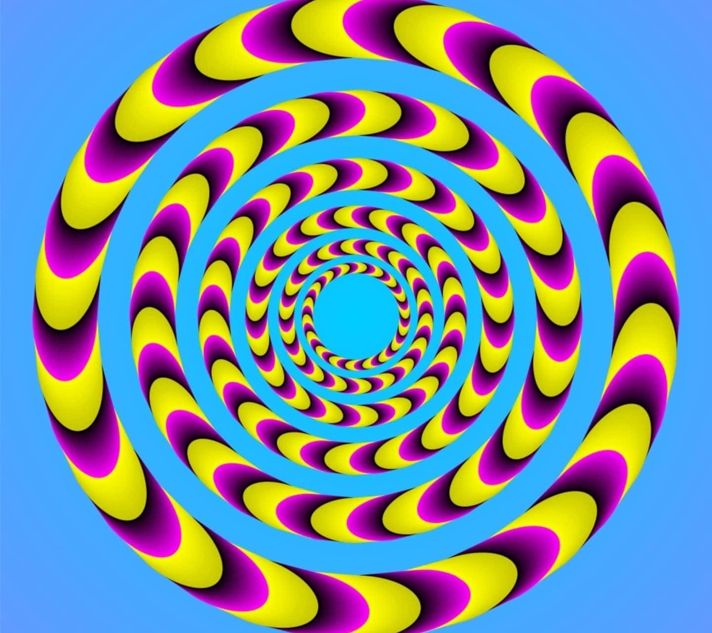 Illusion 桌布 壁紙 — 大膽的黃色和洋紅色波浪形成催眠螺旋，在純藍色背景上退入明亮的藍色中心。