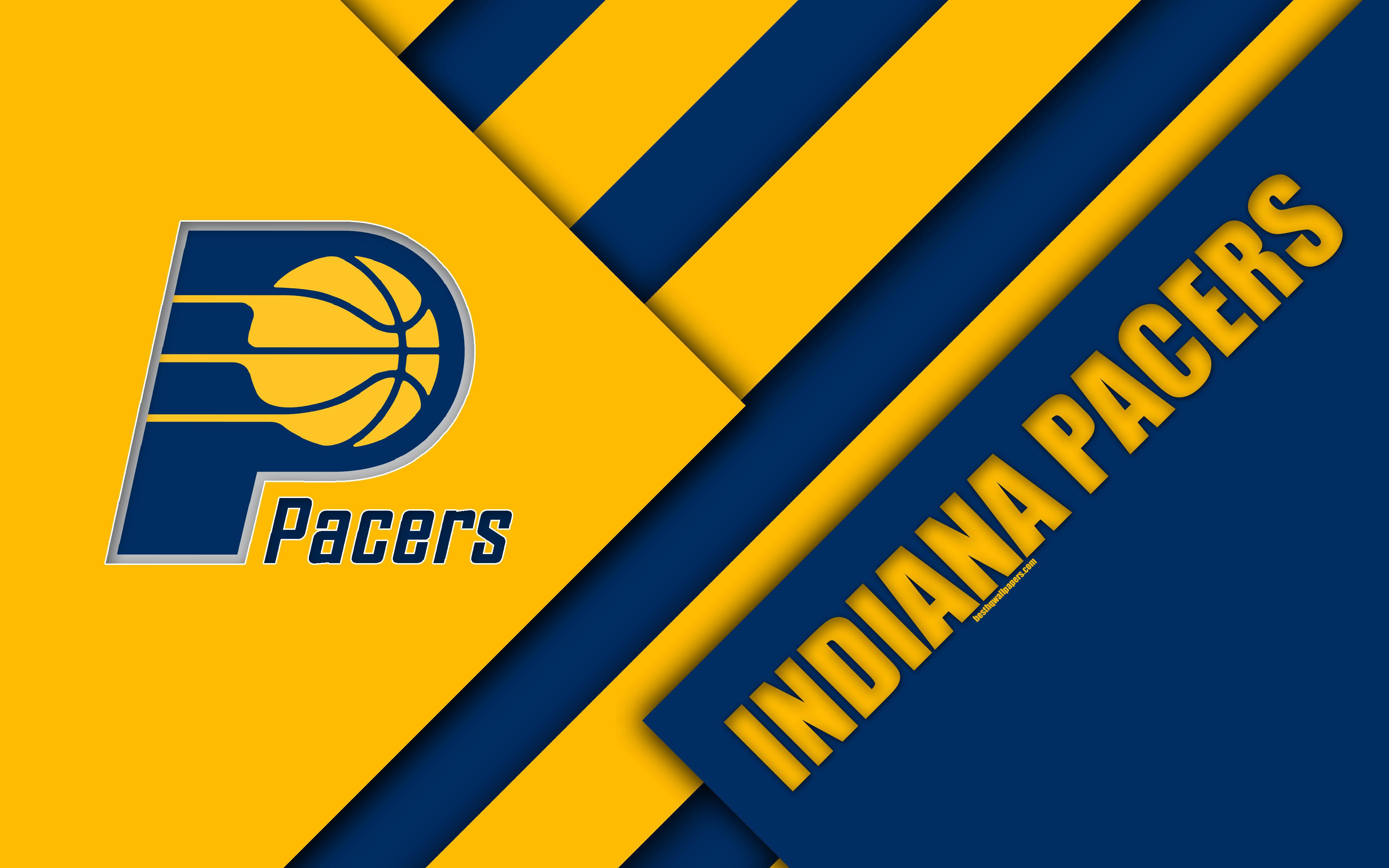 Pacers 桌布 壁紙 — 大膽的黃色和海軍藍色對角線條紋框住了印第安納溜馬隊的標誌和隊名，形成動態的運動壁紙。