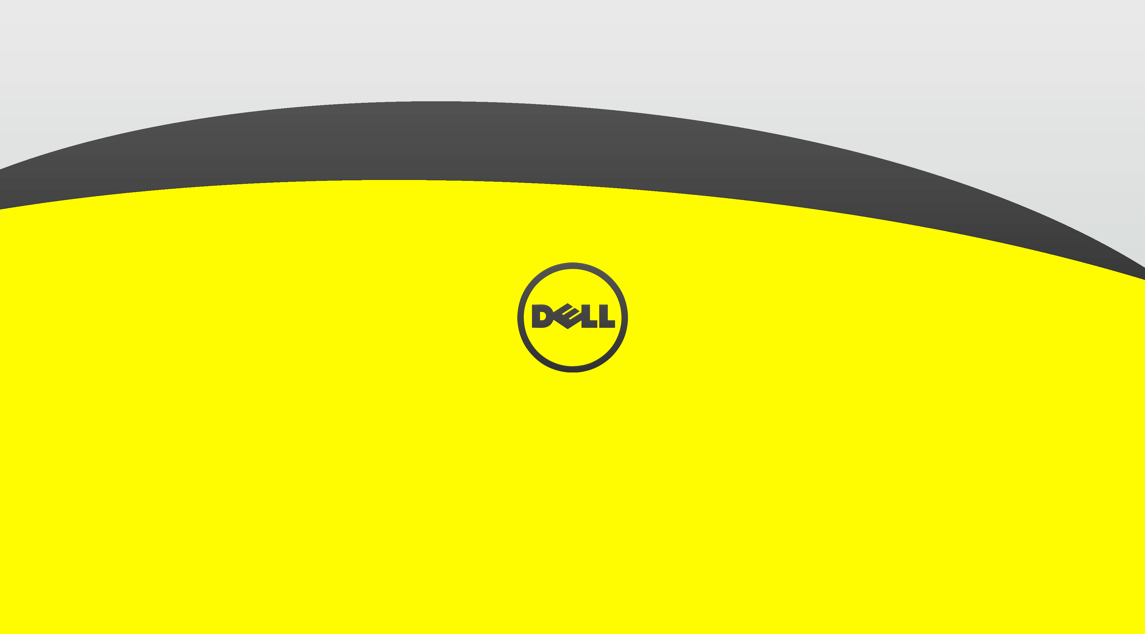 dell 4K 桌布 壁紙 — 大膽的黃色和灰色彎曲背景，中央有黑色Dell標誌。