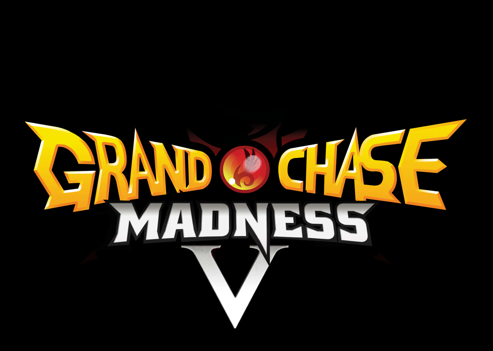 Chase Logo 桌布 壁紙 — 大膽的黃色和白色「Grand Chase Madness V」標誌，黑色背景上帶有火球。