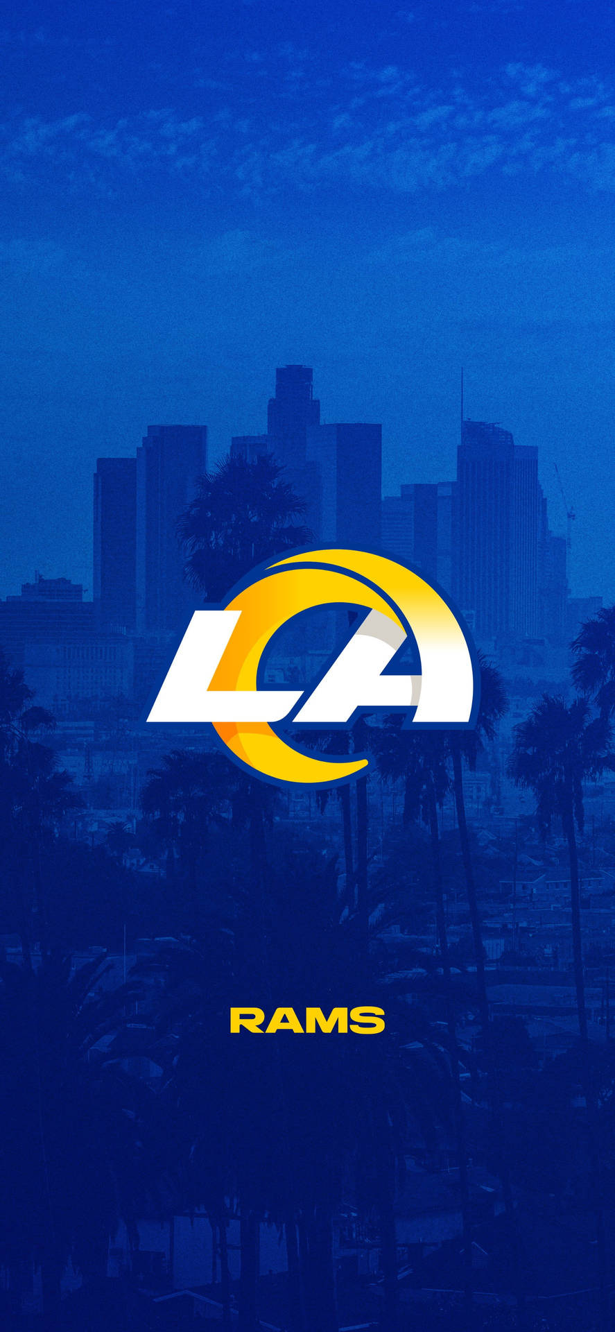 LA Rams標誌在藍色調的城市天際線上，配有棕櫚樹。 — NFL GIF 壁紙
