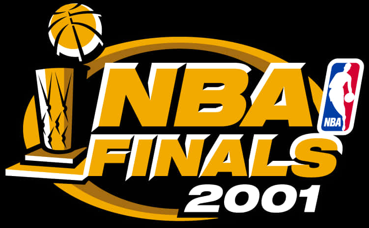 NBA標誌 桌布 壁紙 — 大膽的黃色和白色NBA總決賽2001標誌，帶有獎盃籃球和標誌性NBA剪影，背景為黑色。