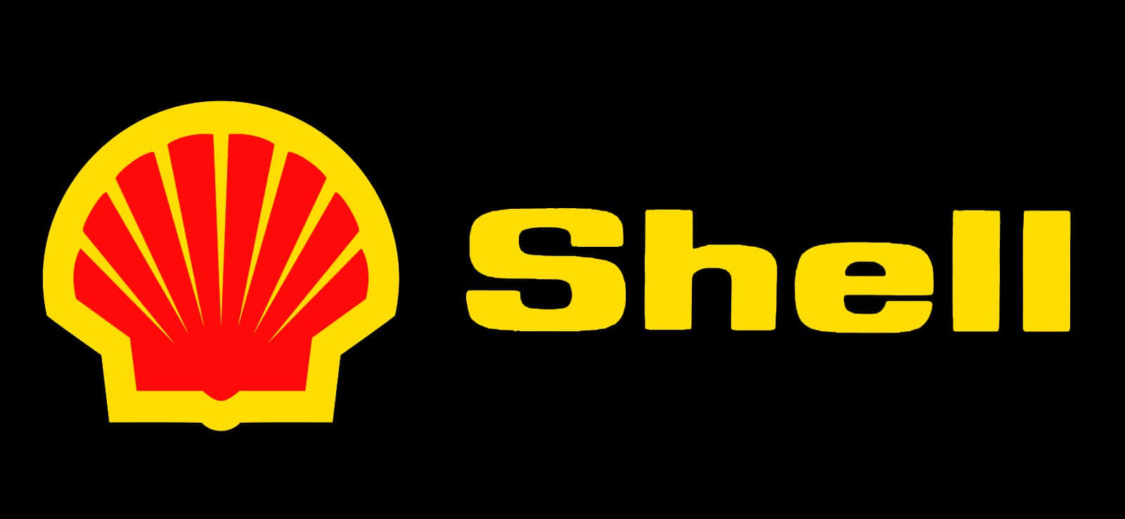 品牌 桌布 壁紙 — 大膽的黃色和紅色Shell標誌，帶有標誌性的扇貝符號，襯托在純黑色背景上。