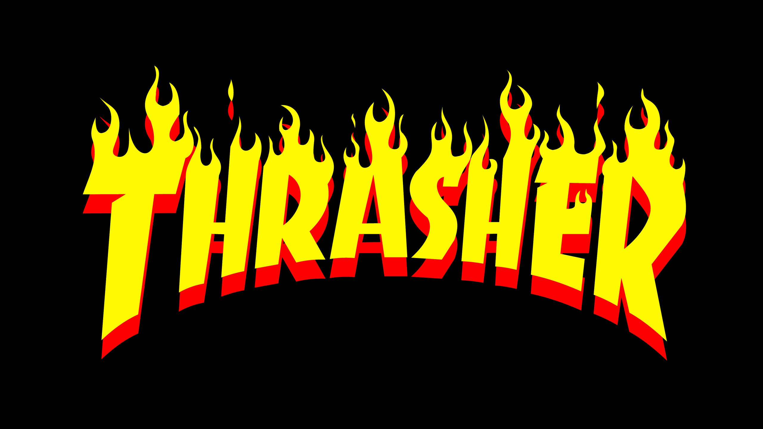 Thrasher 桌布 壁紙 — 大膽的黃色和紅色火焰風格THRASHER標誌，襯以純黑背景。