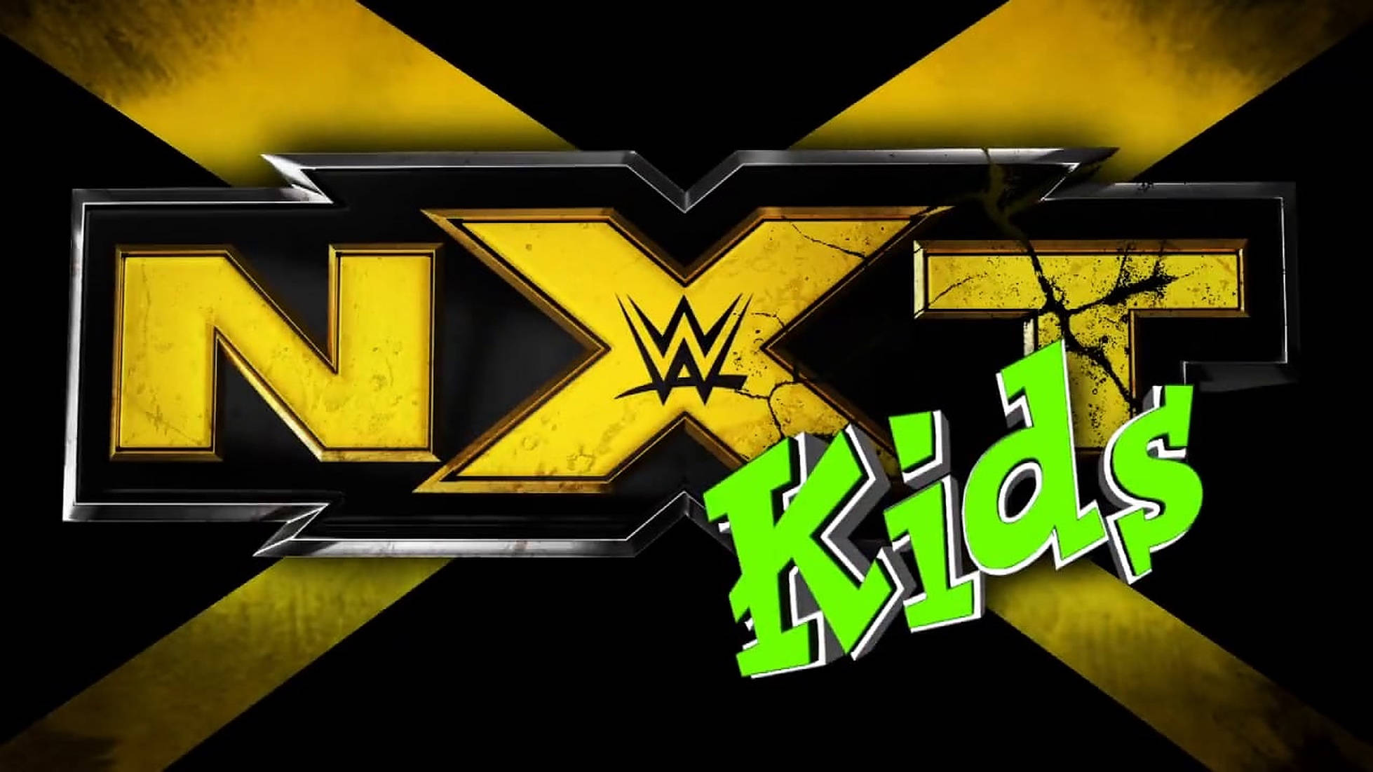 nxt 桌布 壁紙 — 大膽的黃色和綠色NXT Kids標誌，帶有裂紋紋理和黑色閃電背景。