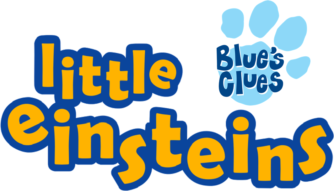 Blues Clues 桌布 壁紙 — 大膽的黃色和藍色「Little Einsteins」標誌，採用俏皮字體，以及帶有「Blue's Clues」文字的藍色爪印。