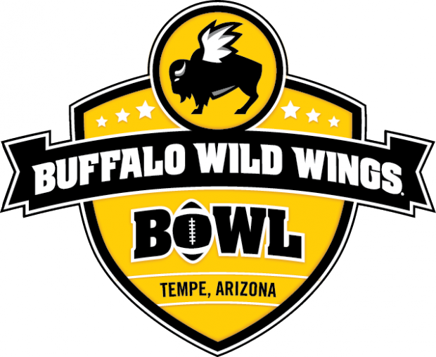 水牛 桌布 壁紙 — 大膽的黃色和黑色 Buffalo Wild Wings Bowl 標誌，特色是帶有翅膀和橄欖球的水牛。