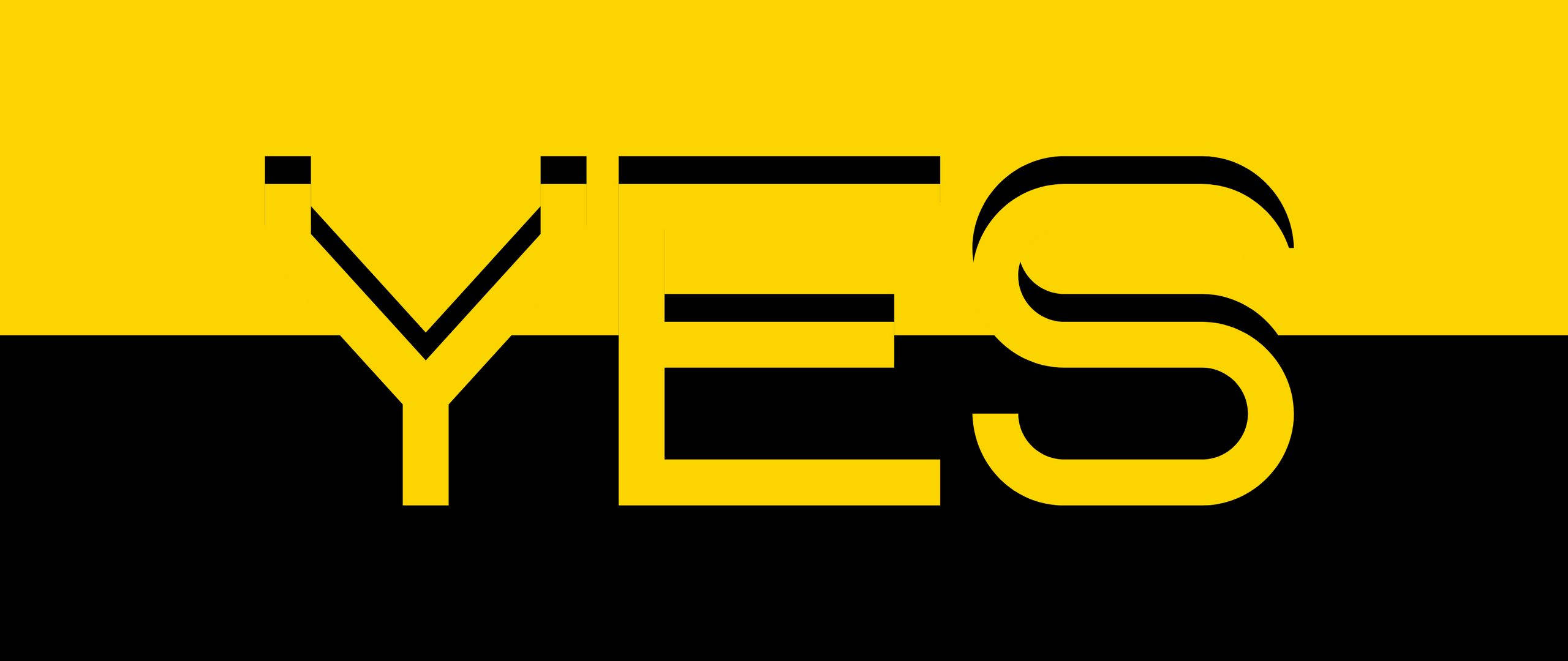 yes meme 桌布 壁紙 — 大膽的黃色和黑色圖形文字拼出YES，帶有對比鮮明的水平條紋。