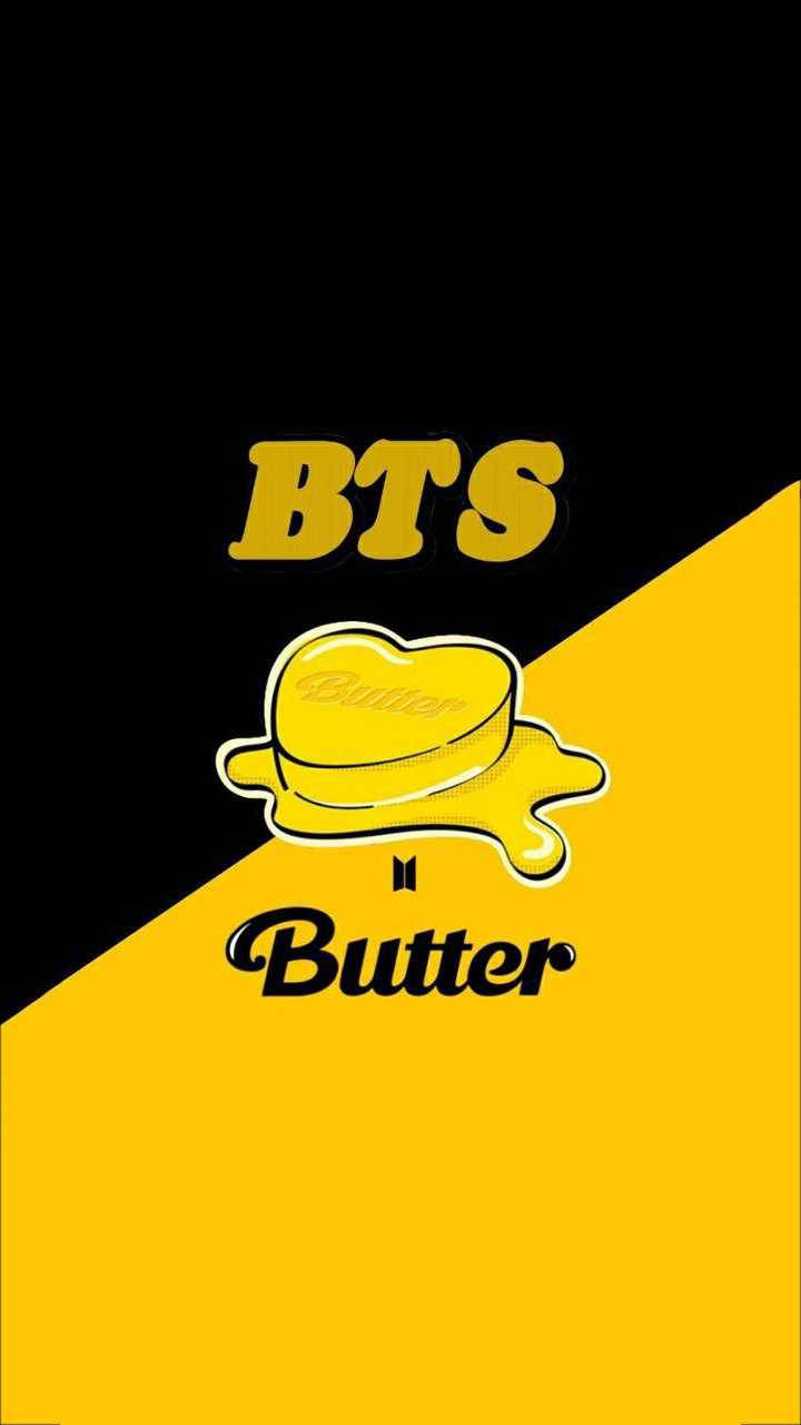 Butter 桌布 壁紙 — 大膽的黃色和黑色桌布，帶有BTS Butter標誌和滴落奶油圖案。