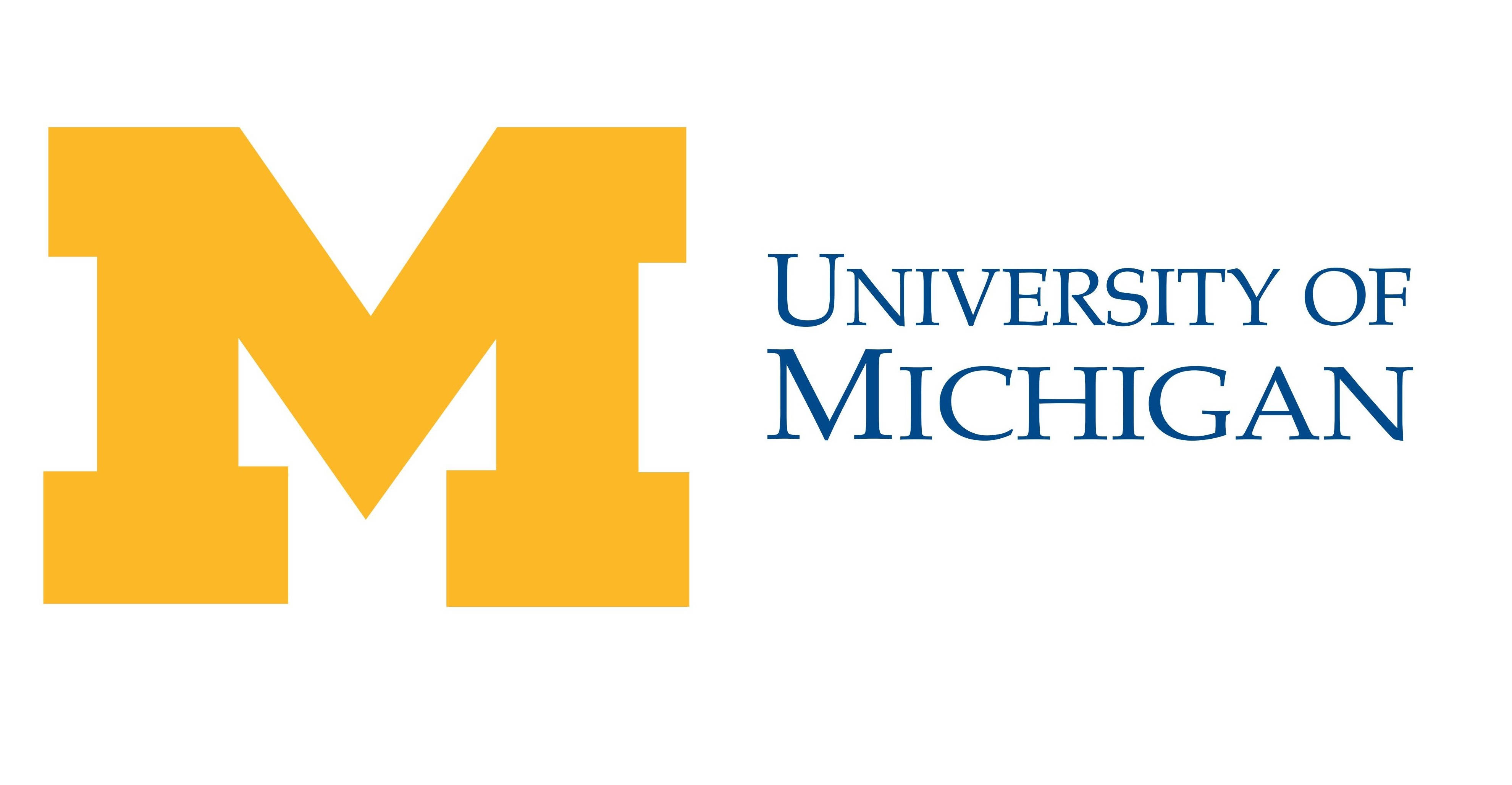 Michigan 桌布 壁紙 — 大膽的黃色塊狀M標誌，旁邊是藍色的密西根大學文字，背景為潔白。