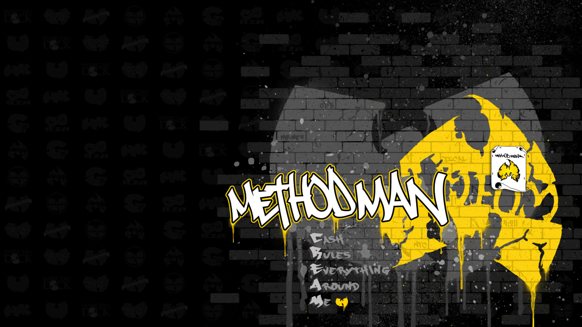 桌布 壁紙 — 大膽的黃色塗鴉拼寫「METHODMAN」，沿著深色磚牆滴落，帶有Wu-Tang Clan標誌和標語。