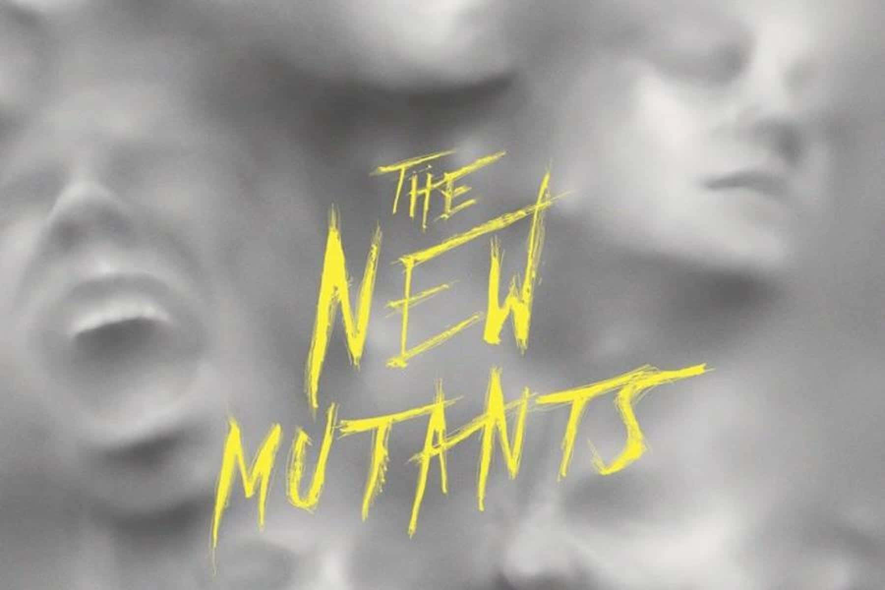 New Mutants 桌布 壁紙 — 大膽的黃色塗鴉風格文字在模糊的灰階背景上寫著「THE NEW MUTANTS」，背景是尖叫的臉孔。