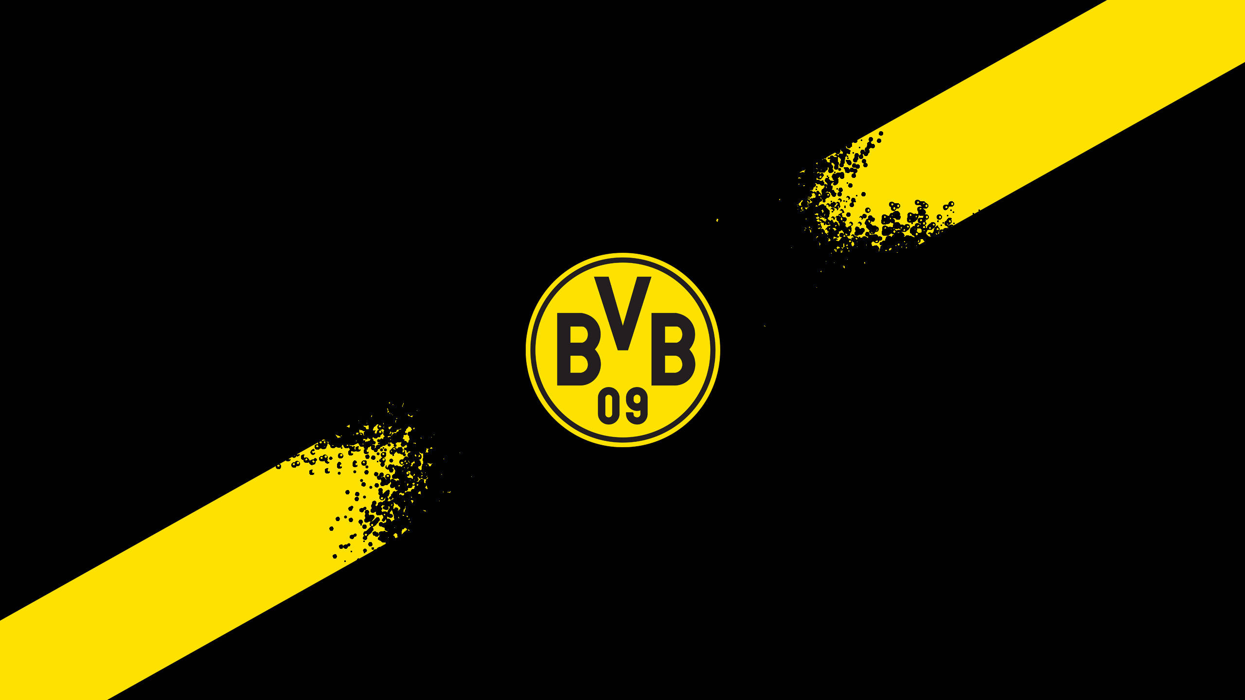Dortmund 桌布 壁紙 — 大膽的黃色對角線條紋搭配黑色潑濺效果，在黑色背景上框出中央的多特蒙德足球俱樂部標誌。