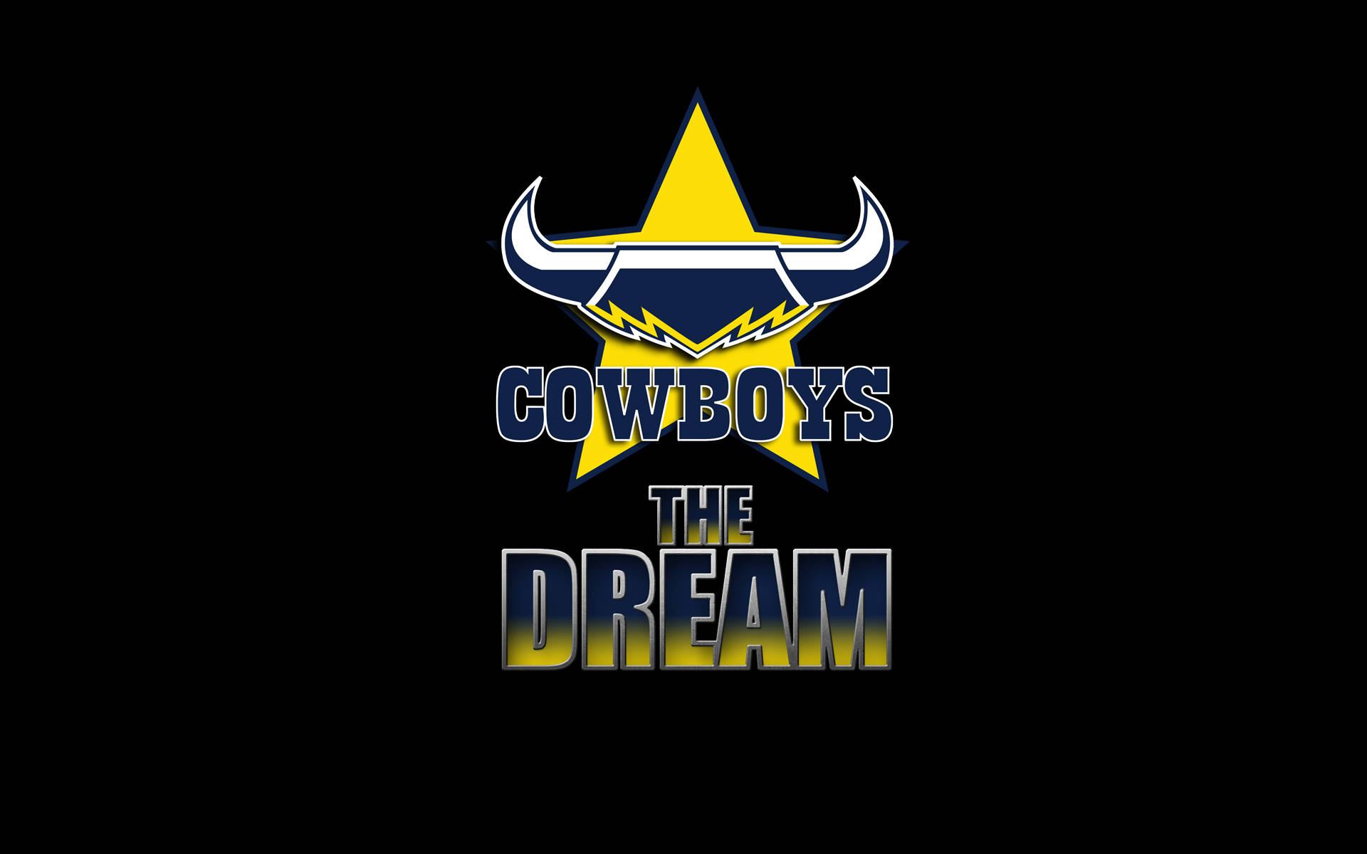 Nrl 桌布 壁紙 — 大膽的黃色星星，帶有公牛角和藍色文字「Cowboys The Dream」，背景為黑色。