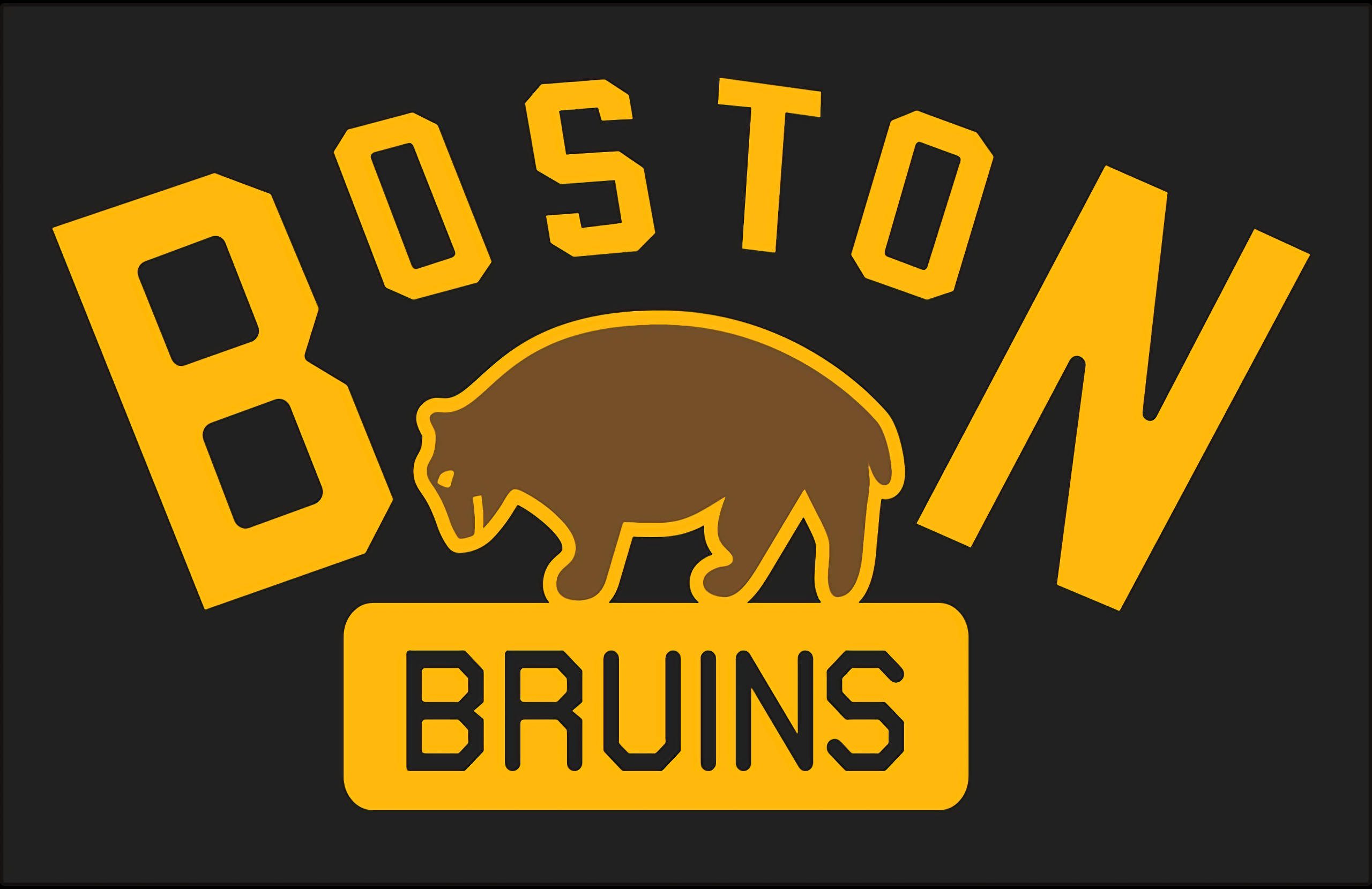 bruins 桌布 壁紙 — 大膽的黃色波士頓棕熊隊標誌，黑色背景上帶有棕色熊剪影。