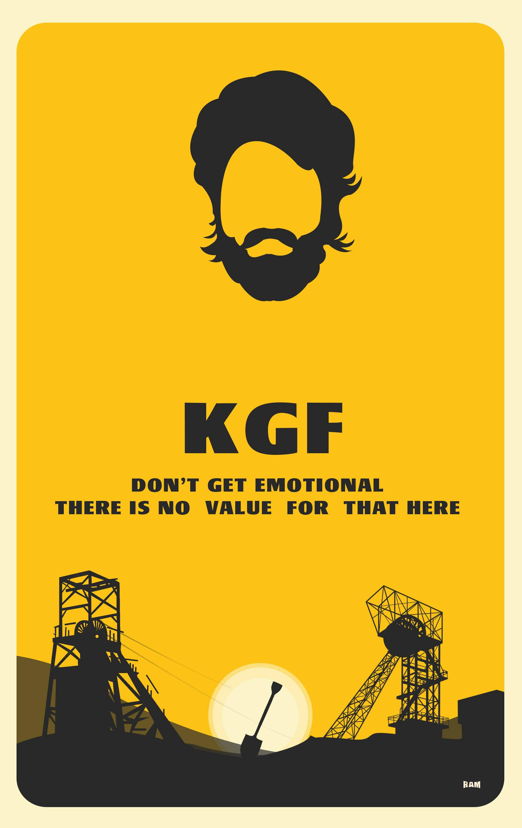 Kgf 2 桌布 壁紙 — 大膽的黃色海報，上面有鬍鬚男子的黑色剪影，位於採礦機械和夕陽之上。