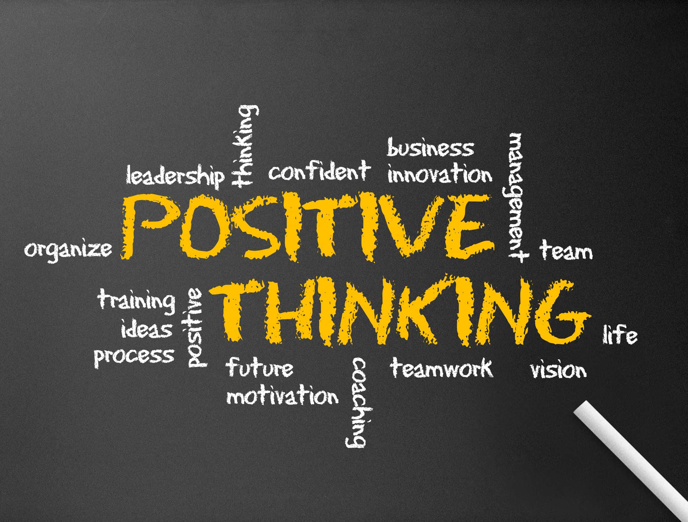 Positive Thinking 桌布 壁紙 — 大膽的黃色粉筆字「正面思考」主宰了一個被相關勵志詞語包圍的深色黑板。