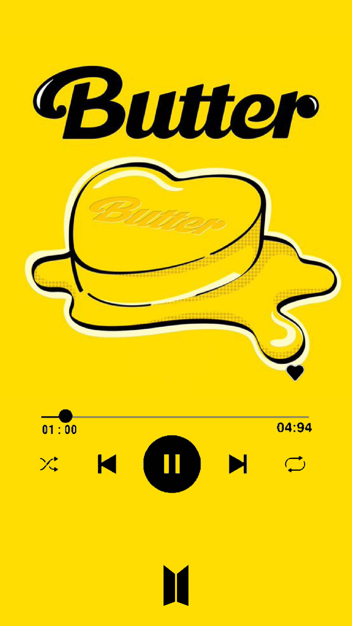 Butter 桌布 壁紙 — 大膽的黃色背景，帶有融化的奶油棒、「Butter」文字和音樂播放器控制項。