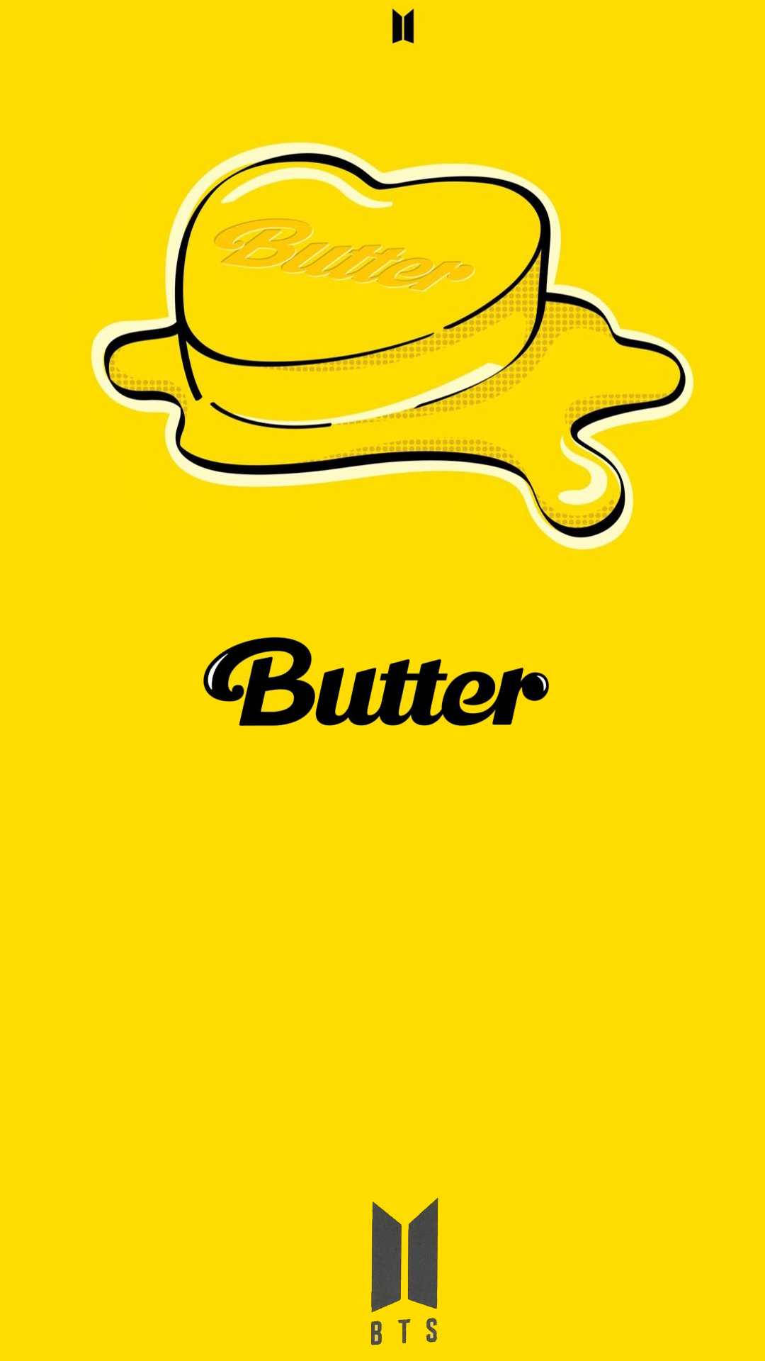 Butter 桌布 壁紙 — 大膽的黃色背景上，有一塊正在融化的奶油，上下方以風格化字體寫著「Butter」字樣。