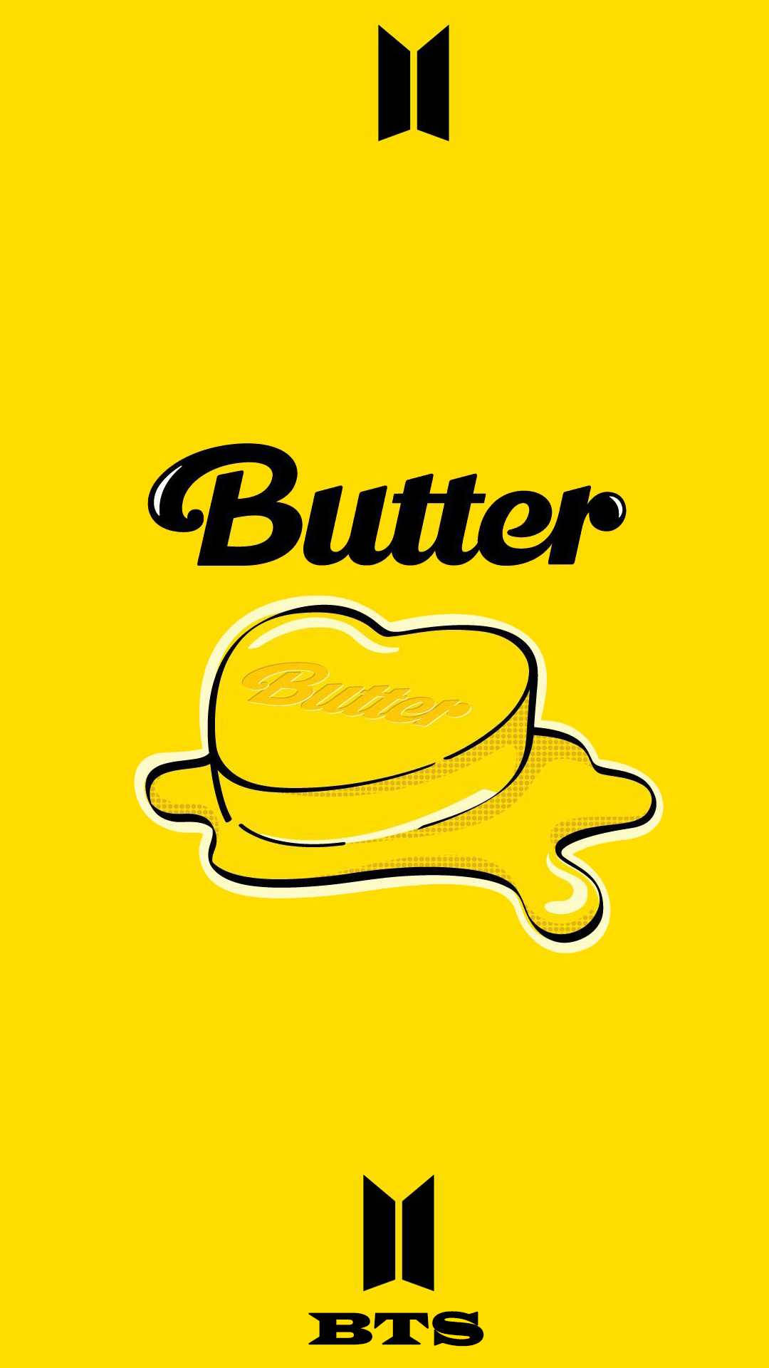 Butter 桌布 壁紙 — 大膽的黃色背景上有一塊融化的奶油，上面有黑色草書的「Butter」字樣，頂部和底部有BTS標誌。
