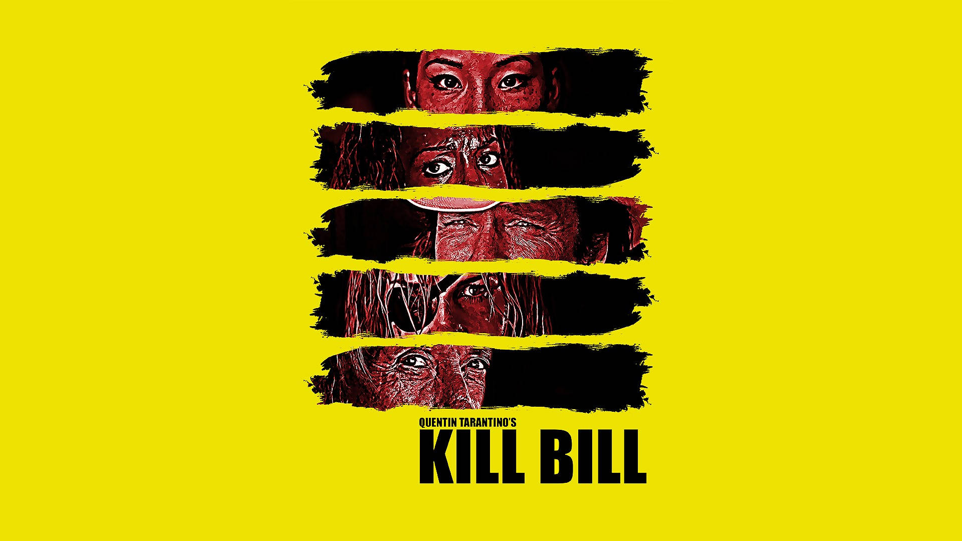 Kill Bill 桌布 壁紙 — 大膽的黃色背景上有四條撕裂的條紋，揭示了昆汀·塔倫提諾《追殺比爾》中激烈的紅臉角色。