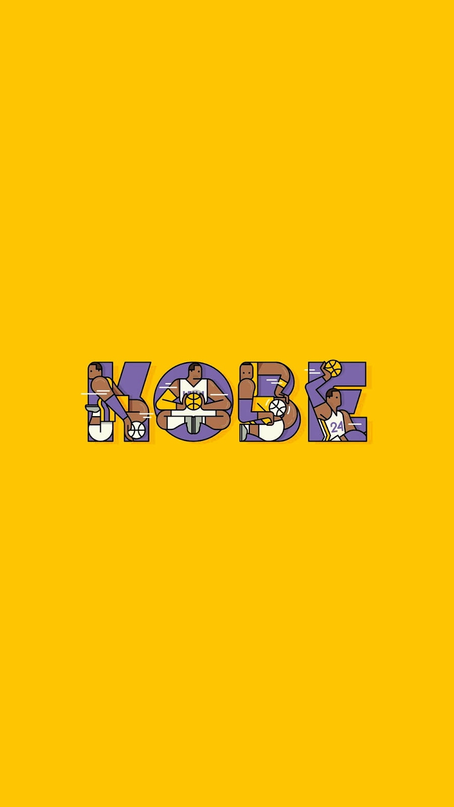 科比 桌布 壁紙 — 大膽的黃色背景展示名稱「KOBE」，每個字母都創意地填充了籃球運動員動作的插圖場景。
