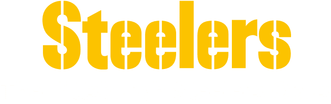 鋼人隊 桌布 壁紙 — 大膽的黃色鋼人隊標誌，白色文字寫著 The Pittsburgh Steelers Opus，黑色背景。
