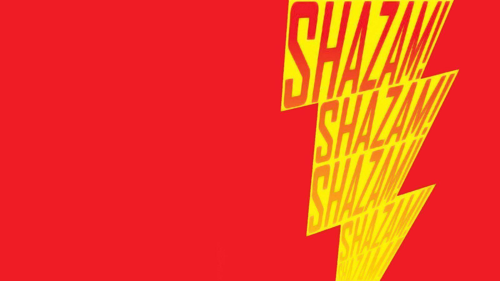 Shazam 桌布 壁紙 — 大膽的黃色閃電，紅色背景上重複的 'SHAZAM!' 文字。