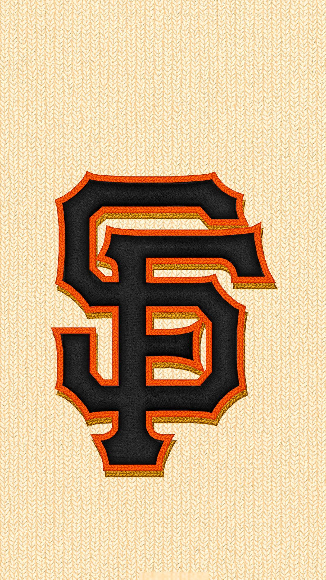 Giants 桌布 壁紙 — 大膽的黑橙SF標誌，以金色縫線細節刺繡在奶油色針織布料上。