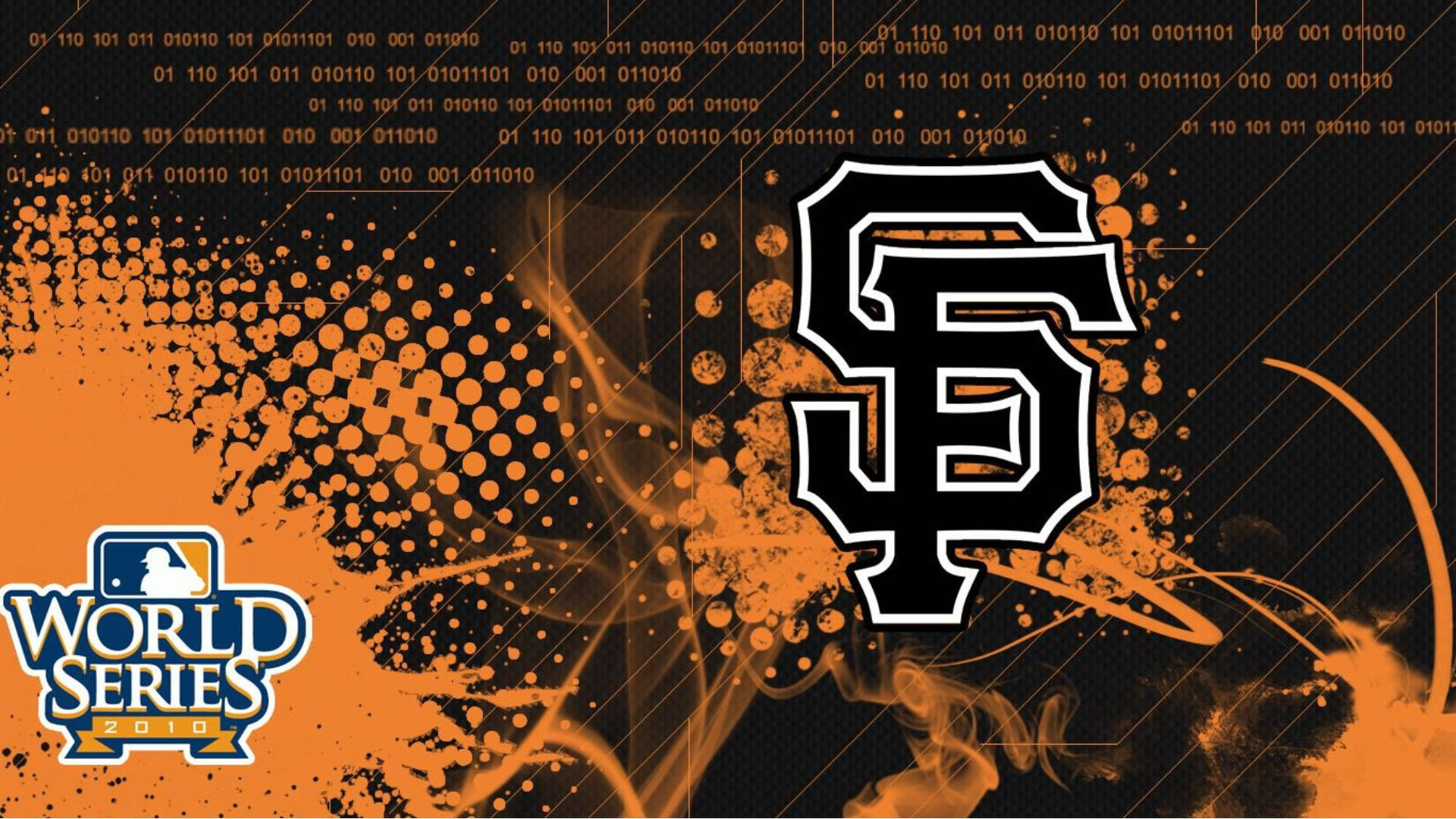 Giants 桌布 壁紙 — 大膽的黑橙配色舊金山巨人隊標誌，帶有數位二進制代碼和煙霧效果，背景為深色。