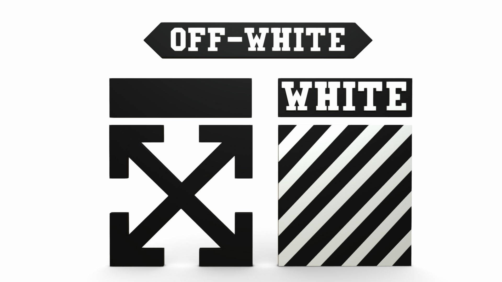 Off White Logo 桌布 壁紙 — 大膽的黑白 Off-White 品牌標誌，帶有箭頭和條紋，背景為純白色。