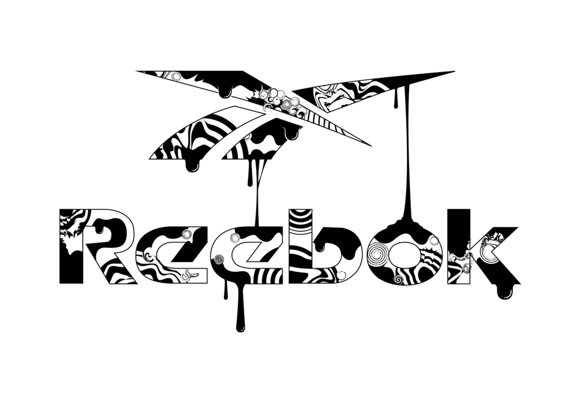 Reebok 桌布 壁紙 — 大膽的黑白 Reebok 標誌，字母內有滴落的油漆和抽象圖案。