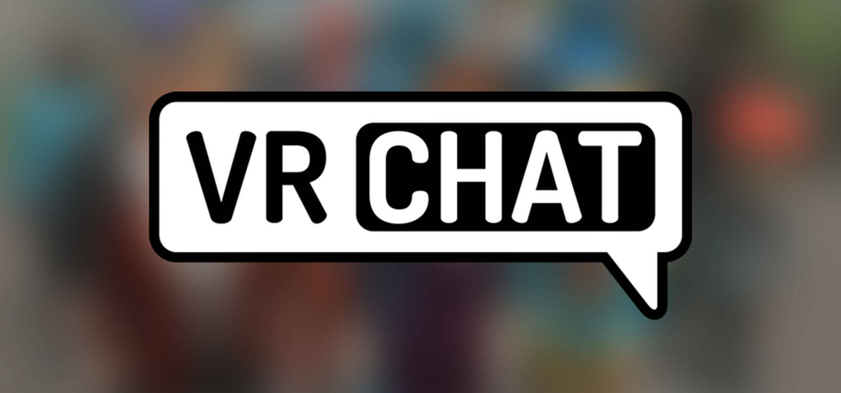 Vrchat 桌布 壁紙 — 大膽的黑白 VR CHAT 標誌置於對話氣泡內，居中於色彩繽紛的模糊背景上。