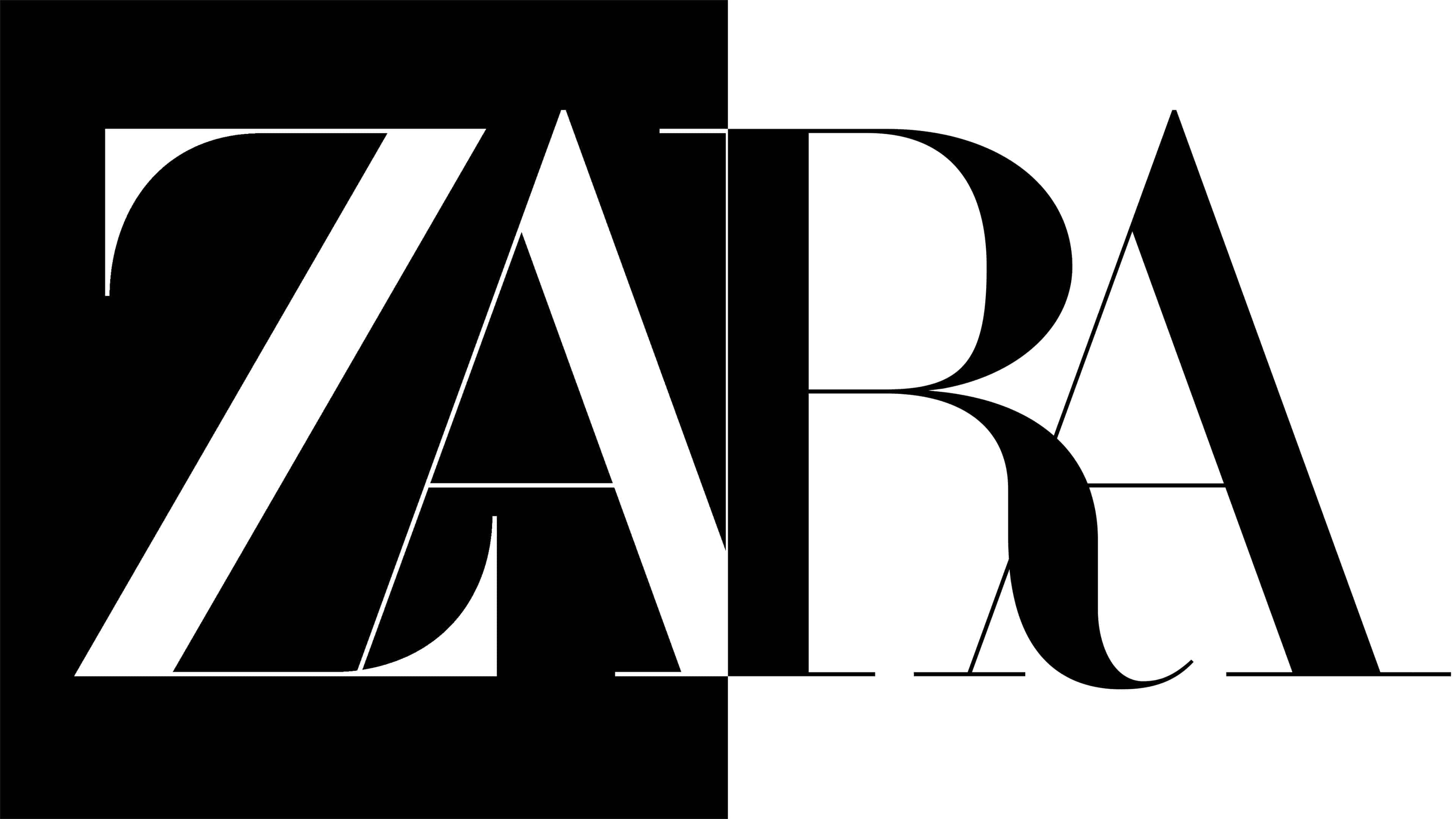 Zara 桌布 壁紙 — 大膽的黑白ZARA標誌，幾何字體垂直分割，置於對比背景上。