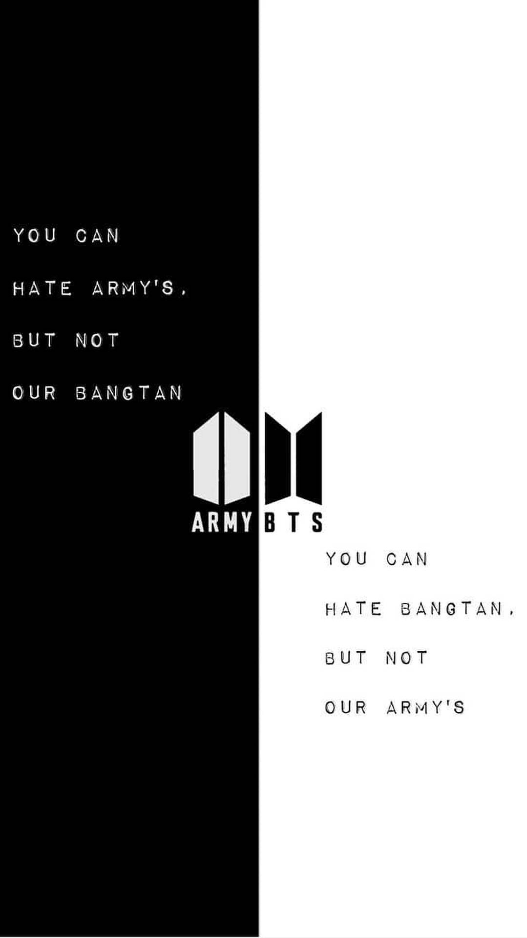 BTS標誌與粉絲口號在黑白背景上分屏顯示。 — BTS ARMY GIF 壁紙