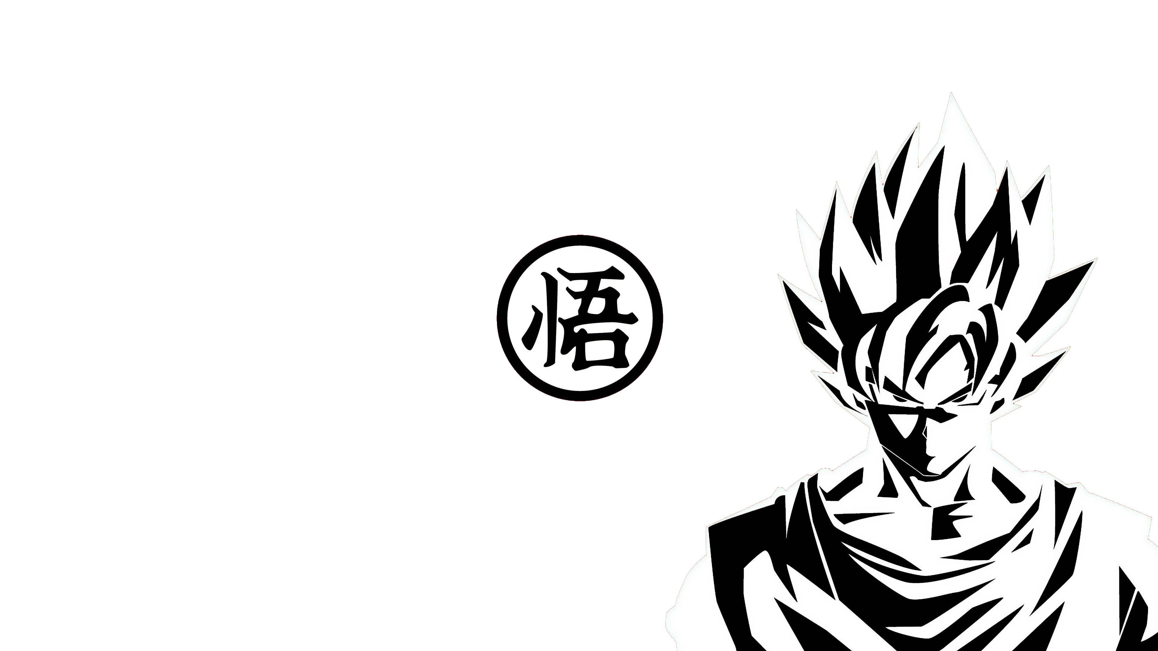 Goku Black And White 桌布 壁紙 — 大膽的黑白動漫剪影，悟空帶尖刺頭髮和漢字符號，白色背景。
