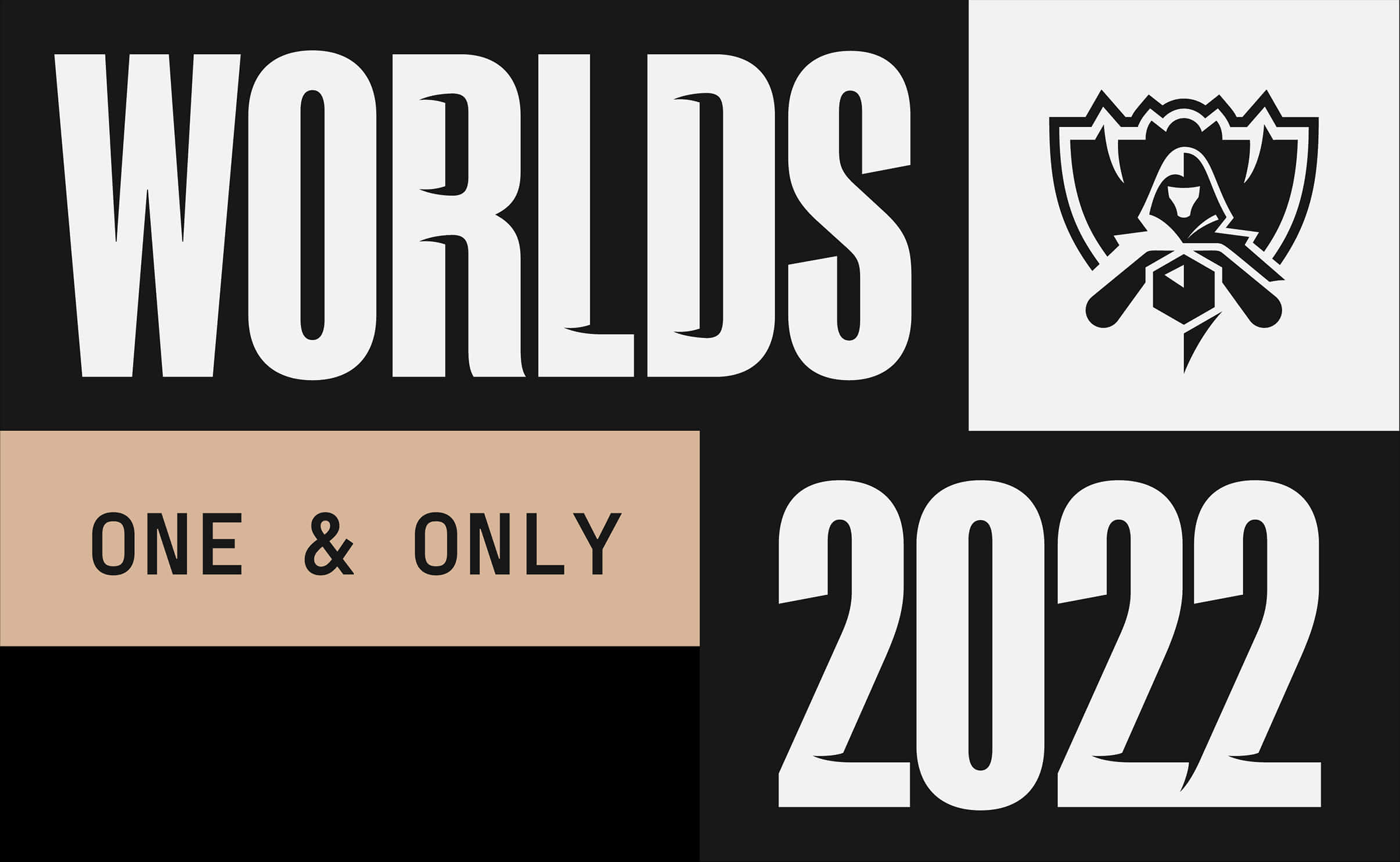 標誌 桌布 壁紙 — 大膽的黑白圖形，在分割背景上帶有「WORLDS 2022」文字和《英雄聯盟》標誌。