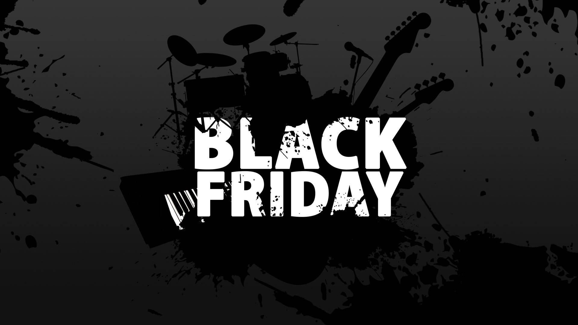 Friday 桌布 壁紙 — 大膽的黑白圖形，帶有「BLACK FRIDAY」文字，墨水濺在樂器剪影上。
