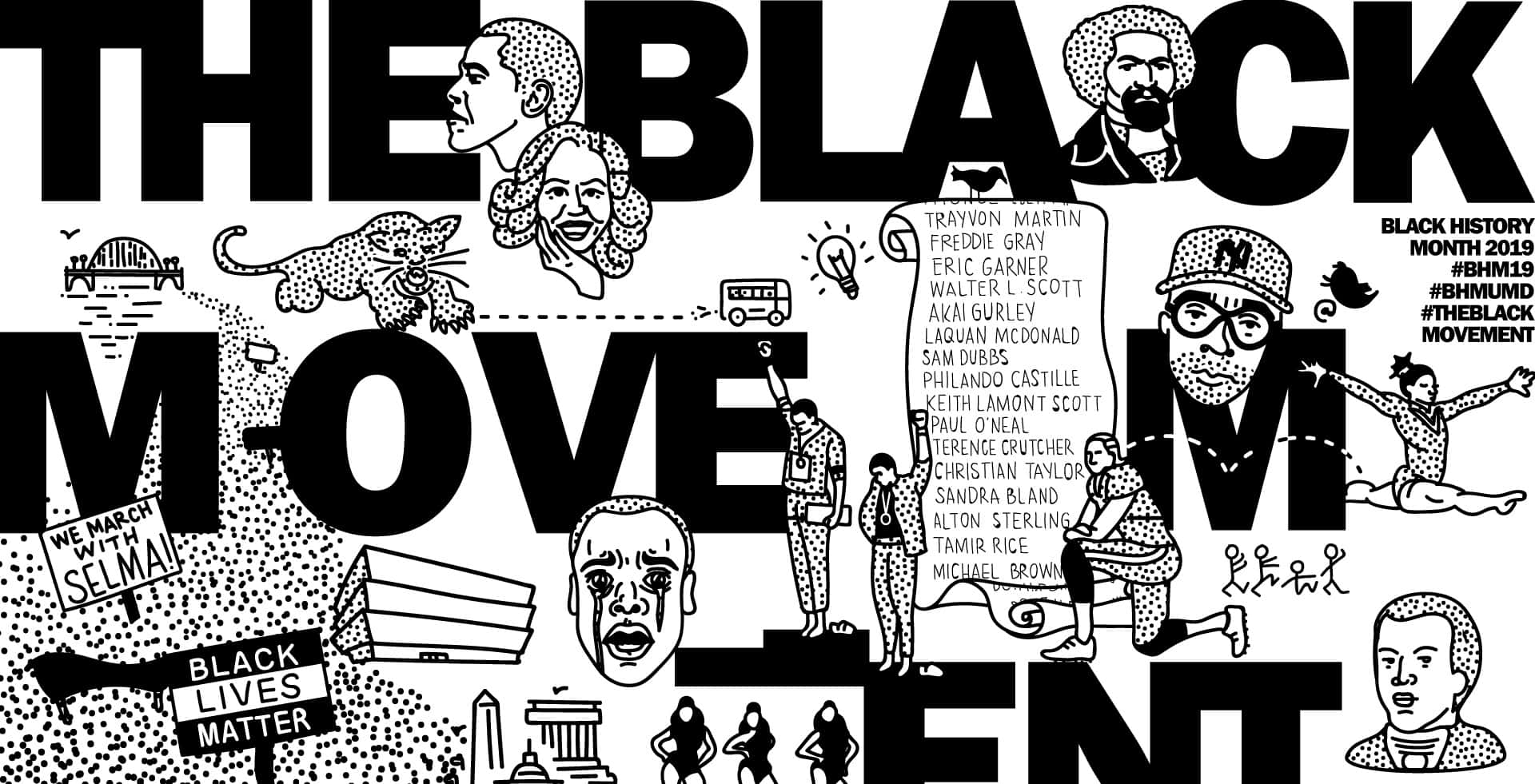 黑白 桌布 壁紙 — 大膽的黑白圖形藝術，以點線藝術風格描繪 Black Lives Matter 運動的關鍵人物和口號。