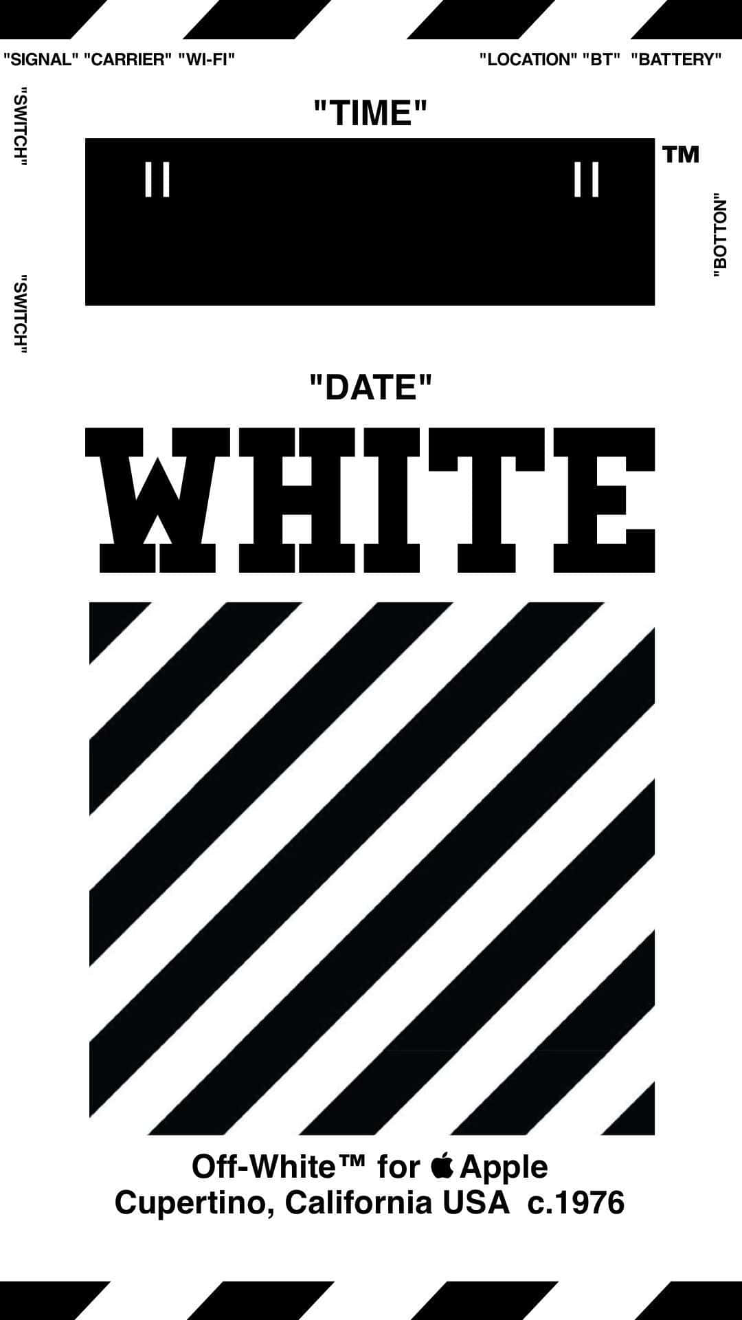 Off White 桌布 壁紙 — 大膽的黑白圖形設計，帶有對角線條和模仿電話界面的文字標籤。