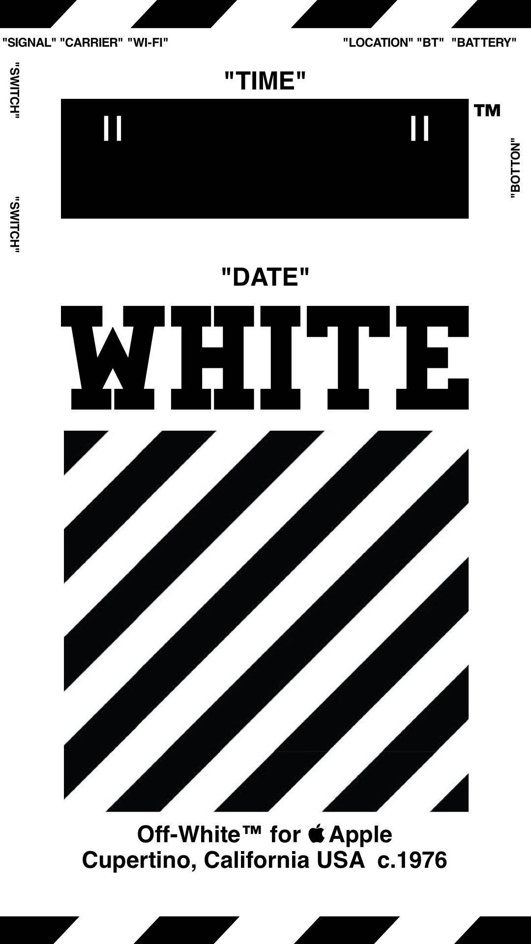 Off White Logo 桌布 壁紙 — 大膽的黑白圖形設計，帶有對角線條紋和模仿電話界面的文字標籤。