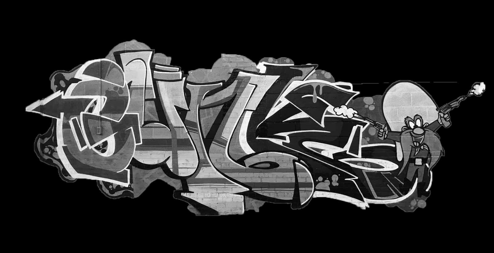 Graffiti Desktop 桌布 壁紙 — 大膽的黑白塗鴉字母，卡通角色手持噴漆罐，背景為磚牆。