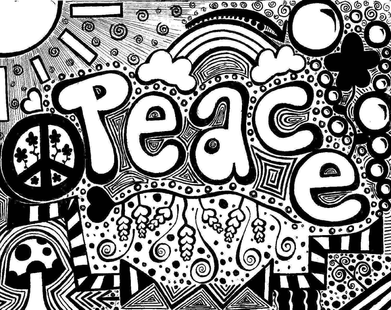 塗鴉動圖 桌布 壁紙 — 大膽的黑白塗鴉藝術，以「Peace」一字為中心，周圍環繞著迷幻圖案、心形和和平符號。