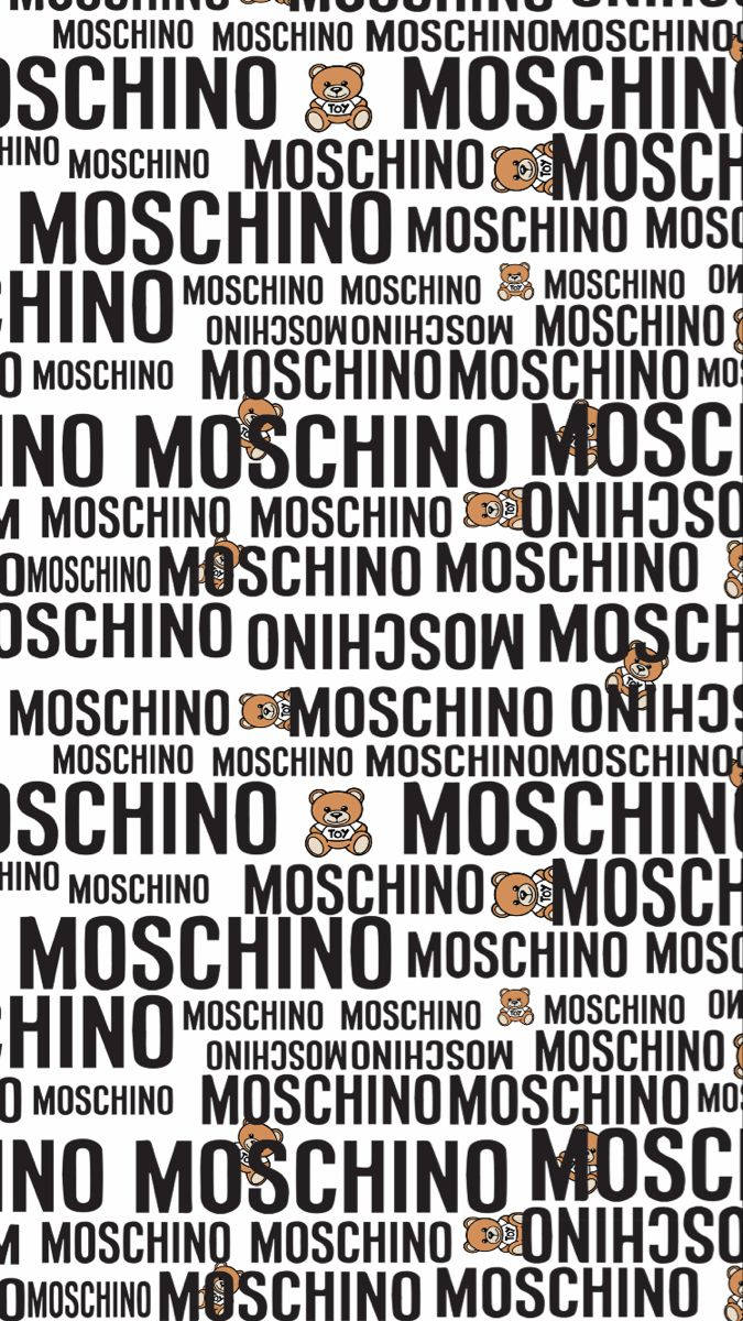 moschino 桌布 壁紙 — 大膽的黑白壁紙，重複的 'MOSCHINO' 文字和泰迪熊標誌，字體大小各異。