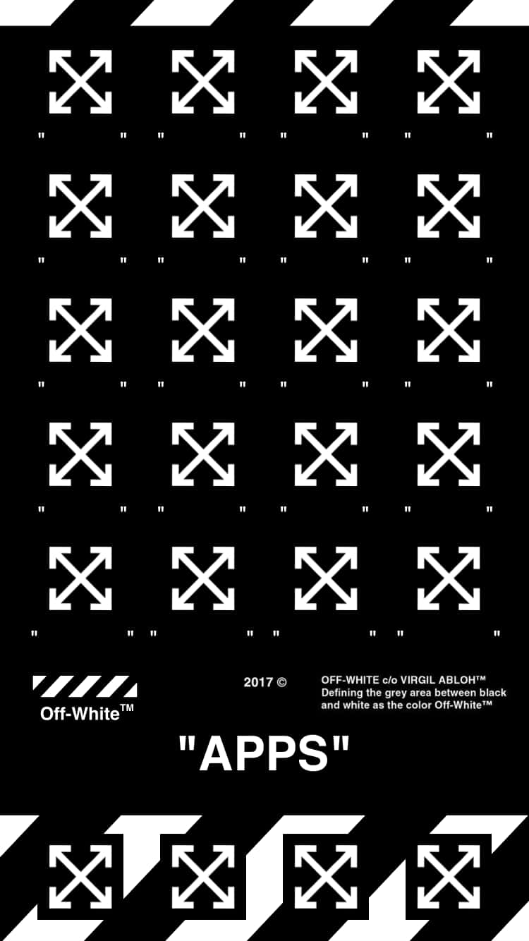 Off White 桌布 壁紙 — 大膽的黑白壁紙，重複的箭頭標誌以網格圖案排列，底部有品牌文字。