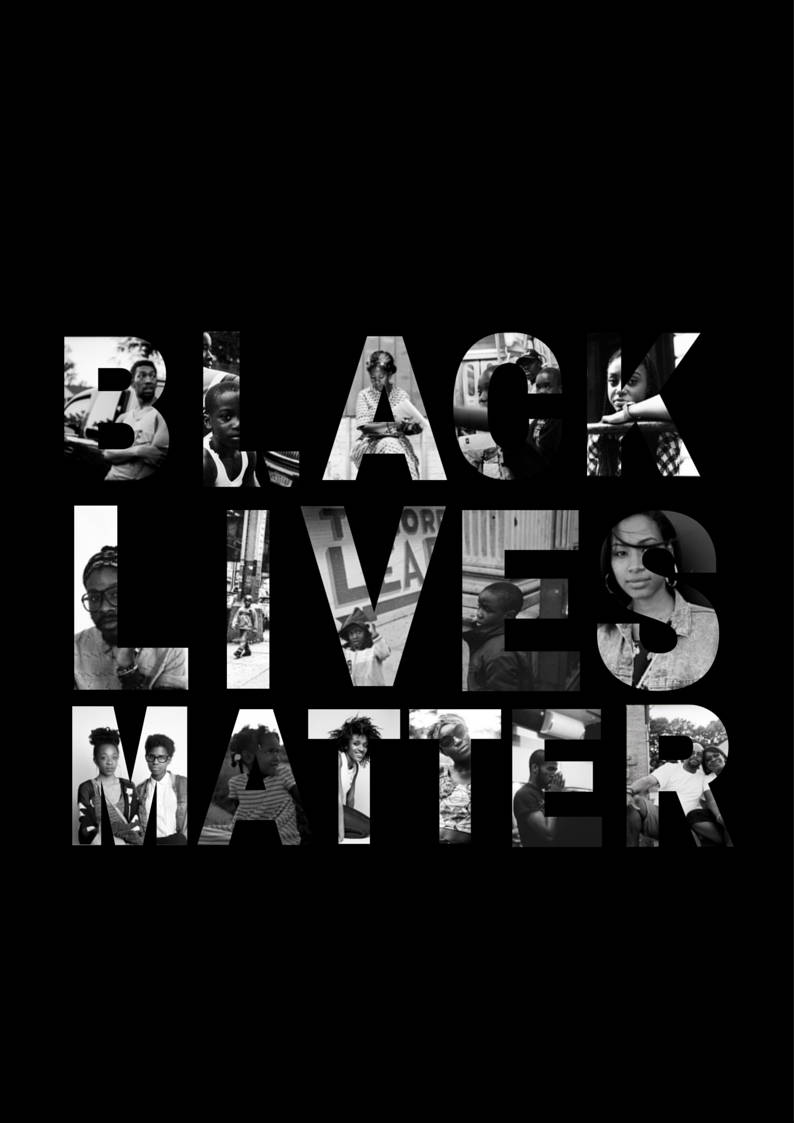 美國 桌布 壁紙 — 大膽的黑白字體拼出「BLACK LIVES MATTER」，每個字母內填滿不同面孔，背景為純黑色。