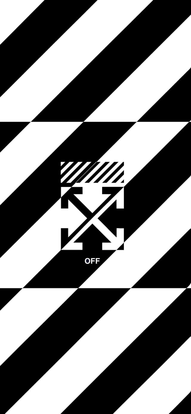 Off White iPhone 桌布 壁紙 — 大膽的黑白對角線條紋框住中央帶有箭頭和文字的 Off White 標誌。