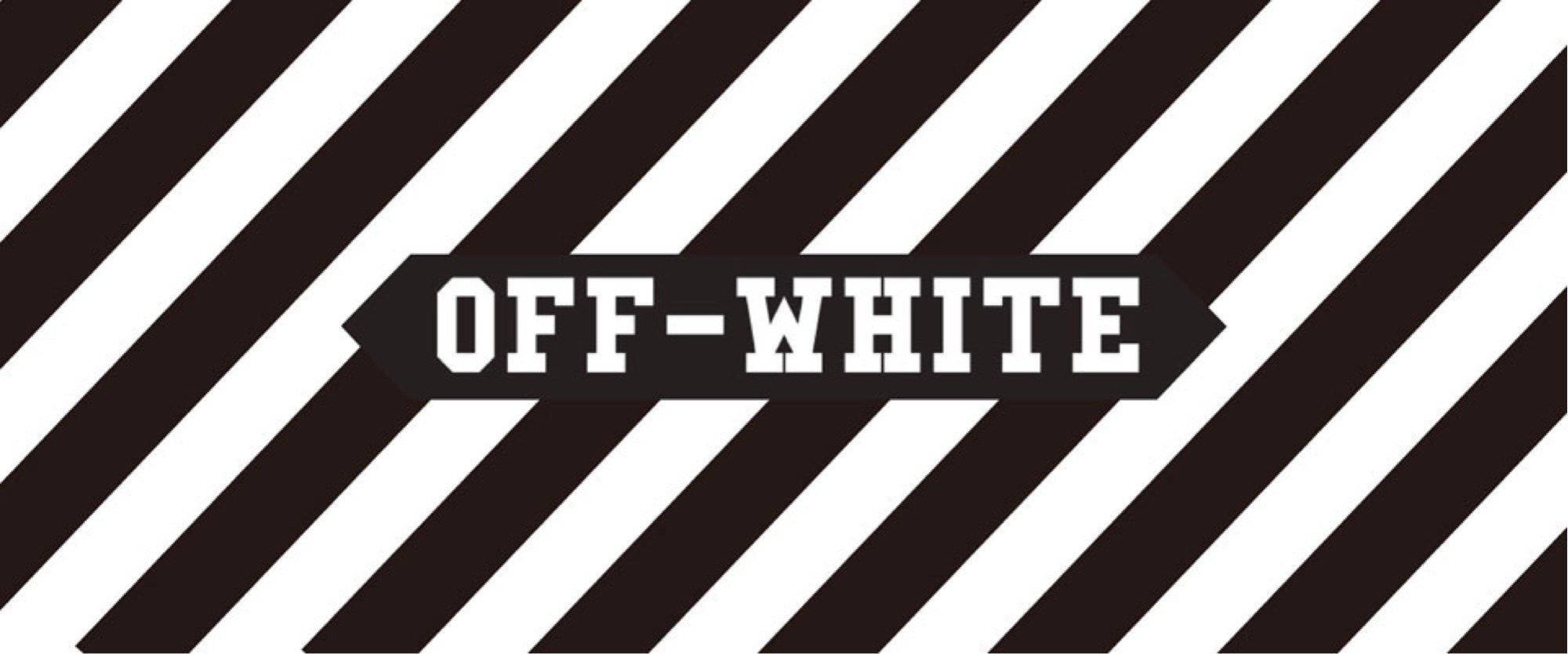 Off White Logo 桌布 壁紙 — 大膽的黑白對角線條紋框住中央黑色箭頭形橫幅，上面有白色「OFF-WHITE」文字。