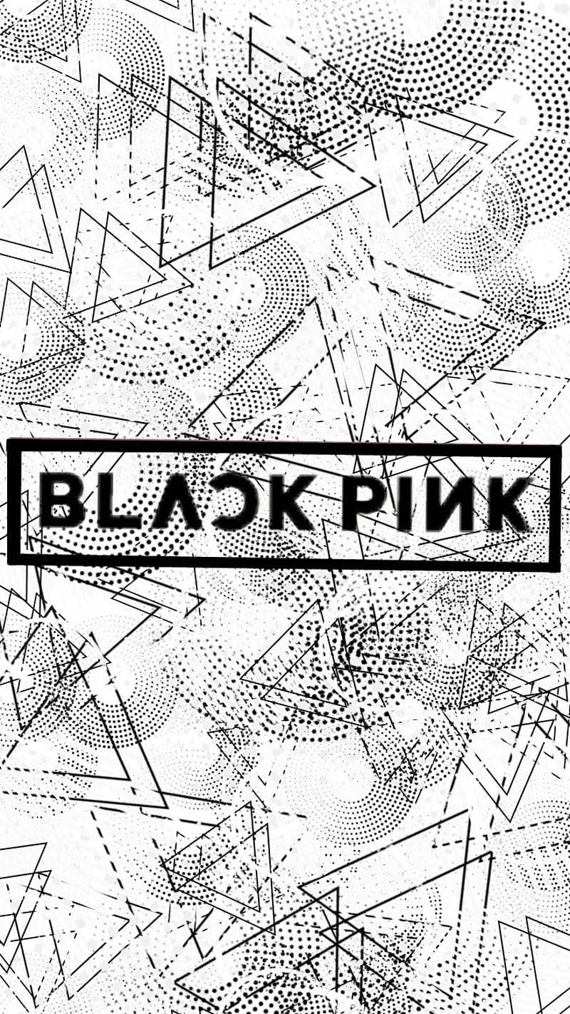 BLACKPINK 桌布 壁紙 — 大膽的黑白幾何壁紙，帶有重疊的三角形、半色調點和中央的'BLACKPINK'文字。