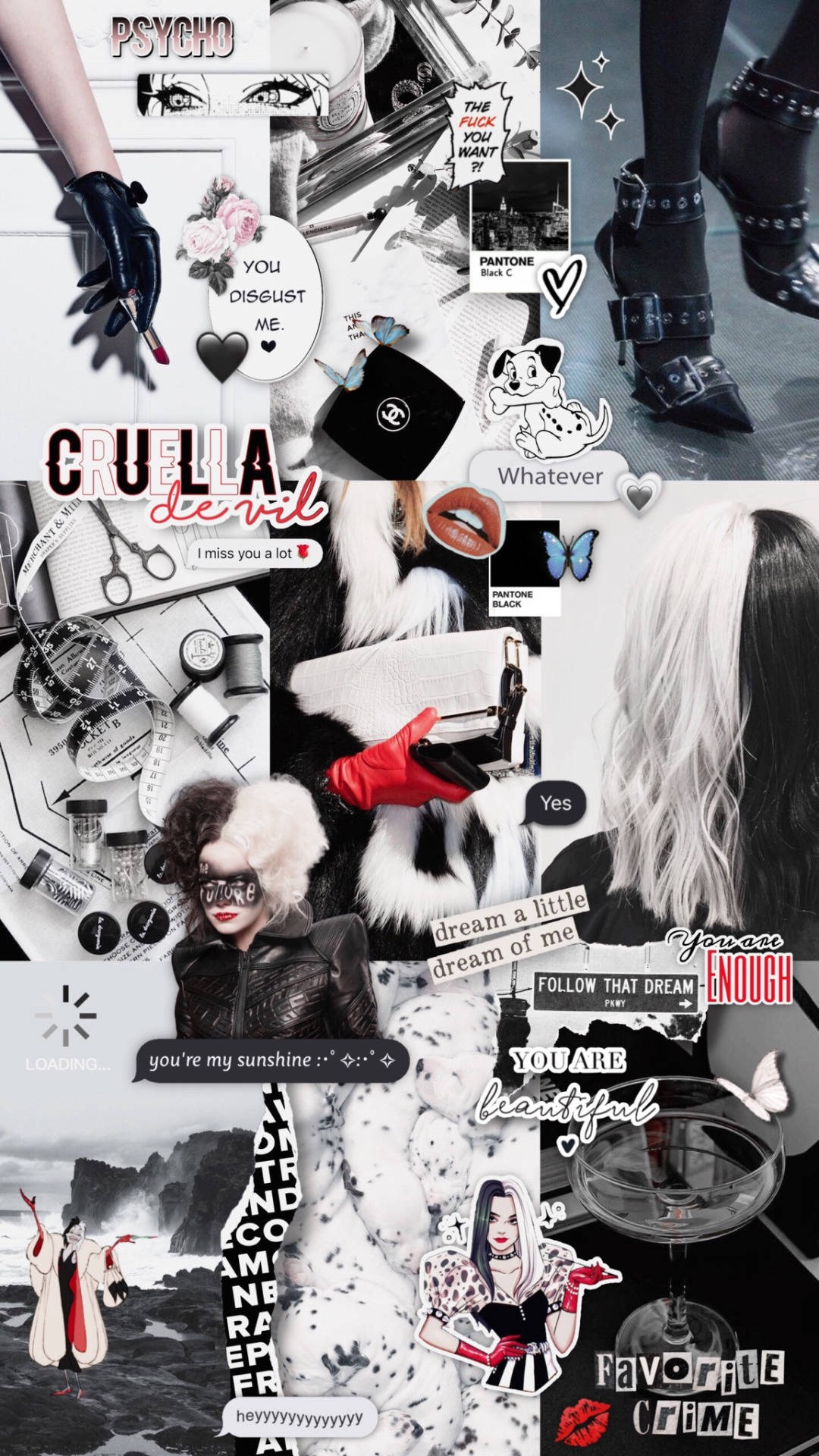 Cruella 桌布 壁紙 — 大膽的黑白拼貼畫， featuring Cruella de Vil，包含名言、時尚單品和戲劇性文字疊加。